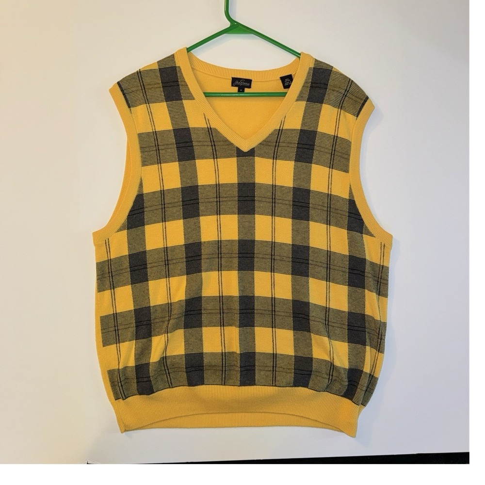 Men's Medium Jack Nicklaus Yellow Gray Plaid Pullover Knit Sweater Vest V-Neck